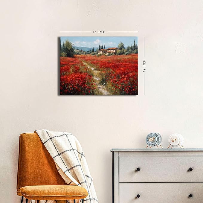 Abstract Red Poppy Wall Art Nature Flowers Botanical Wall Decor Farmhouse Spring Floral Pictures for Bathroom Rustic Country Wildflowers Painting Artwork for Living Room Bedroom Home Decoration 12x16"