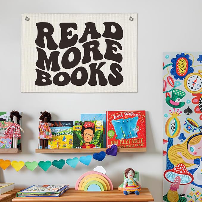 Reading Nook Decor Classroom Banner - Kids Room Decor, Reading Party Decorations, Kids Library Wall Hanging, Read More Books Linen Canvas Banner Flag for Nursery Playroom Homeschool 20x30