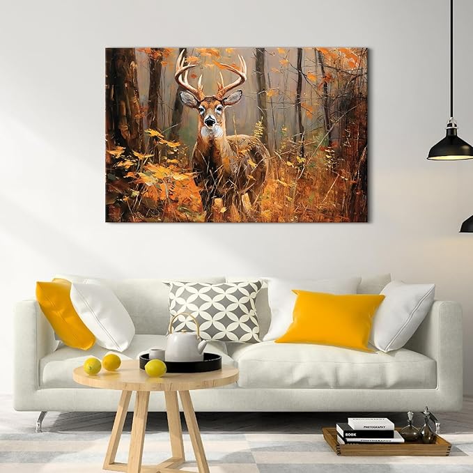 Fall Forest Wall Art Deer Wall Decor Rustic Wildlife Animal Painting Nature Autumn Landscape Canvas Prints Maple Leaves Picture Farmhouse Elk Artwork for Kitchen Living Room Home Decoration 32x48"