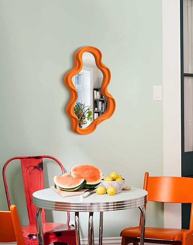 Small Decorative Mirror for Girly Bedroom Dresser Decor, Vivid Abstract Wavy Wall Mirrors for Home Aesthetic Book Coffee Shop Hotel Decoration, Unique Gift for Birthday Thanksgiving (Orange)