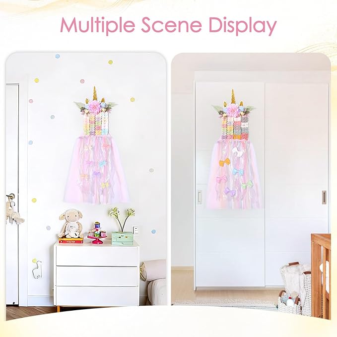 Unicorn Bow Holder for Girls Hair Bows, Baby Hair Clip Organizer Barrettes Claw Clips Storage Wall Hanging Display for Toddler Baby Girl Nursery Room Decor