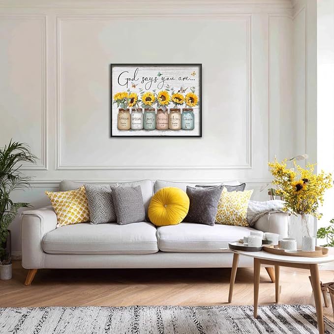 Inspirational Bible Verse Wall Art: God Says You Are Wall Sayings Sunflower in Mason Jar Picture Print Christian Gift Quotes Poster for Women Girl Bedroom Decor 16" x 20"