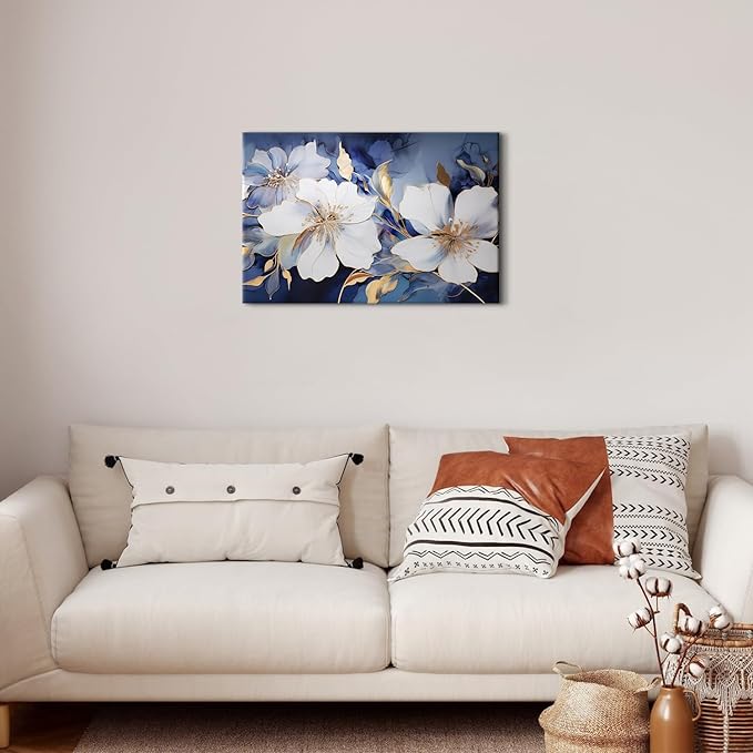 Abstract Flower Canvas Wall Art Blue and Gold Wall Decor Modern Marble Floral Picture Canvas Prints for Living Room Bedroom Watercolor Botanical Poster Painting Artwork Framed Home Decorations 16x24