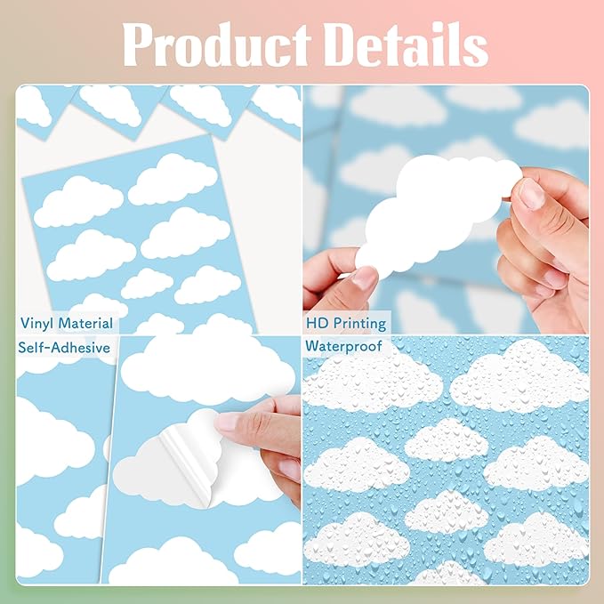 Cloud Wall Decals, 8 Sheets 104Pcs White Clouds Vinyl Wall Stickers Peel and Stick Cloud Decals for Bedroom Home Nursery Classroom Wall Art Decorations
