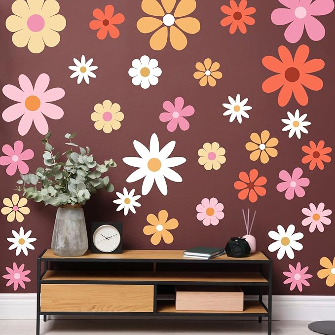 TaoBary 12 Sheet Daisy Wall Sticker Decal Removable Cute Daisy Bedroom Room Decor Flower Wall Sticker Pink White Flower Decal Wallpaper Peel and Stick for Nursery Home(Bright Color,Bright Style)