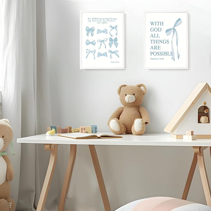 LARTSFRO Coquette Blue Bow Wall Art Decor Posters, Baby Blue Bow Room Bedroom Bathroom Dorm Wall Art Decor Aesthetic for College Teen Girls Gifts, Inspirational Bible Verses Bow Wall Decor, 12x16 Inch Set of 4 Pcs Bow Pictures (UNFRAMED)