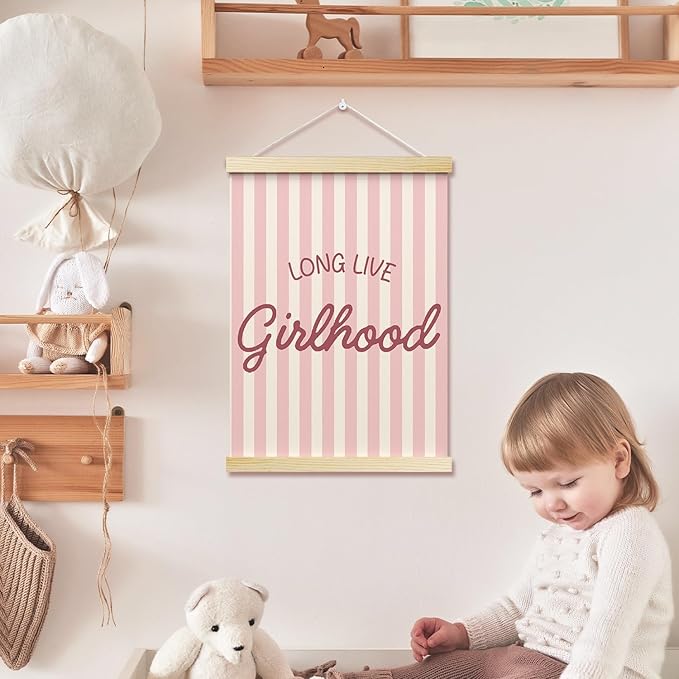 Long Live Girlhood Posters Hanger Frame for Girls Room Pink Hanging Poster for Bedroom Kids Room Classroom Decor Stripes Wall Art Decor for Nursery Playroom Canvas Wall Art Print 16x12 Inches - YY050