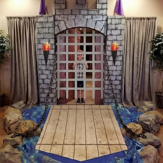 Frienda 105 Pcs Medieval Party Decorations Kit 5.9x6.6 ft Medieval Castle Backdrop Prison Fence Door Cover Fence Rug with 2 Torch Props 100 Paper Chain Brick Stone Fort for Knight Castle Photo Props