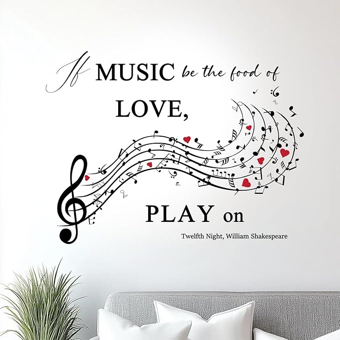 Music Quote Wall Decal,If Music Be The Food of Love Wall Sticker,Shakespeare Quote with Musical Notes for Home,Studio or Classroom