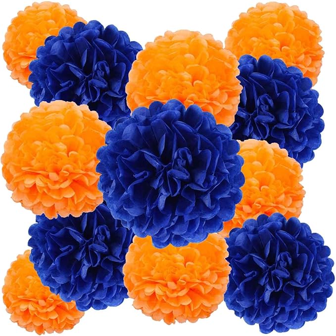 We Moment Navy Blue Orange Paper Pom Poms Decorations for Wedding Birthday Blue Orange Party Decoration Ceiling Wall Hanging Tissue Flowers Decorations 12pcs 2 Colors of 12 Inch 10 Inch