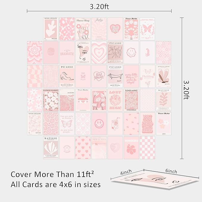 Pink Wall Collage Kit - Aesthetic Posters, Dorm Room Decor for Teen Girl (50pcs 4x6 inch)