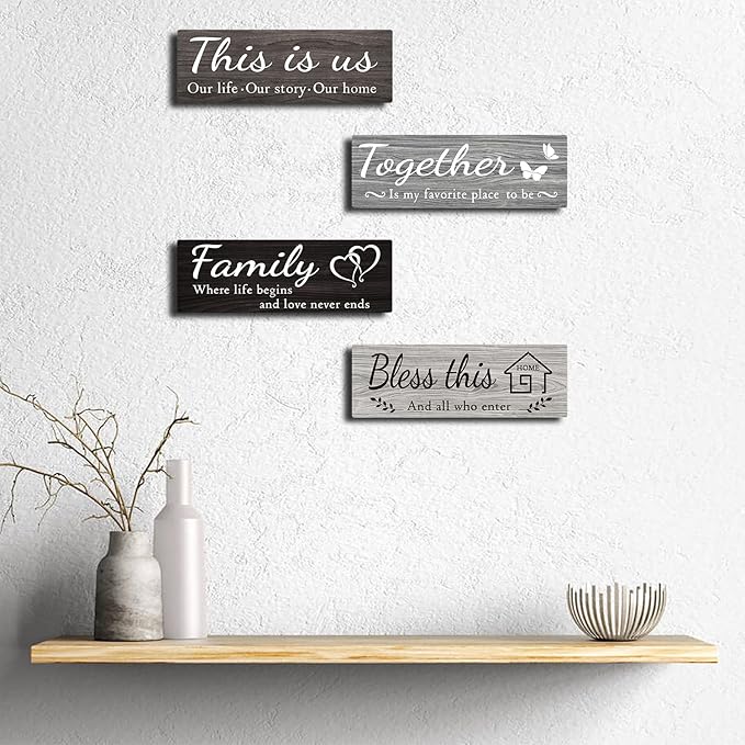 4 PCS Home Wall Decor Signs, Rustic Wooden Living Room Hanging Decorations with Quotes THIS IS US/TOGETHER/BLESS THIS/FAMILY, Housewarming Gifts for Wedding Kitchen