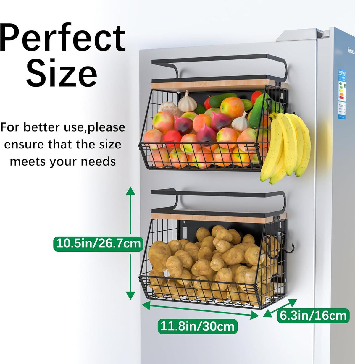 Magnetic Spice Rack for Refrigerator, Fruit, Potato & Onion Storage Bin,Large Capacity Magnetic Shelves for Side of Refrigerator, Kitchen Organizers and Storage Countertop,2 Pack Black