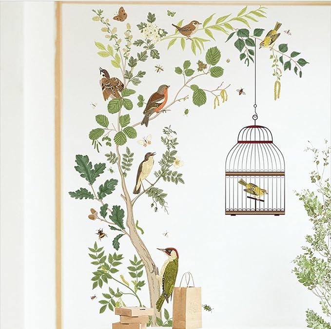 Removable Bird on Bracnch Wall Stickers, DIY Romantic Birdcage Decor Tree Wall Murals Peel and Stick Wall Art Stickers Home Decor for Gilrs Bedroom Nursery Rooms Living Room