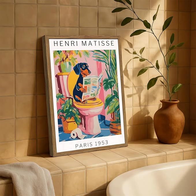 Funny Dog Bathroom Wall Art Henri Matisse Dachshund Bathroom Wall Decor Picture Whimsical Puppy Reading Newspaper in Toilet Poster Painting Canvas Print 12x16 inch Wood Framed
