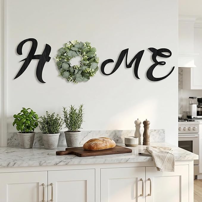 Wood Home Sign with Artificial Eucalyptus Wreath for O, Hanging Farmhouse Wall House Decor Wood Letters for Wall Art Rustic Home Decor, Wall Decor for Living Room Kitchen Entryway (Black)