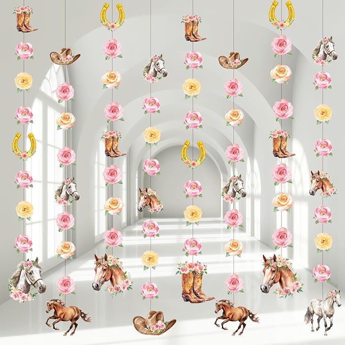 8 Pcs Cowgirl Party Decorations Pink Girl Horse First Birthday Hanging Garlands Watercolor Floral Rose Western Horse Paper Cutouts Streamers for Wild West Cowgirl Baby Shower Party Supplies