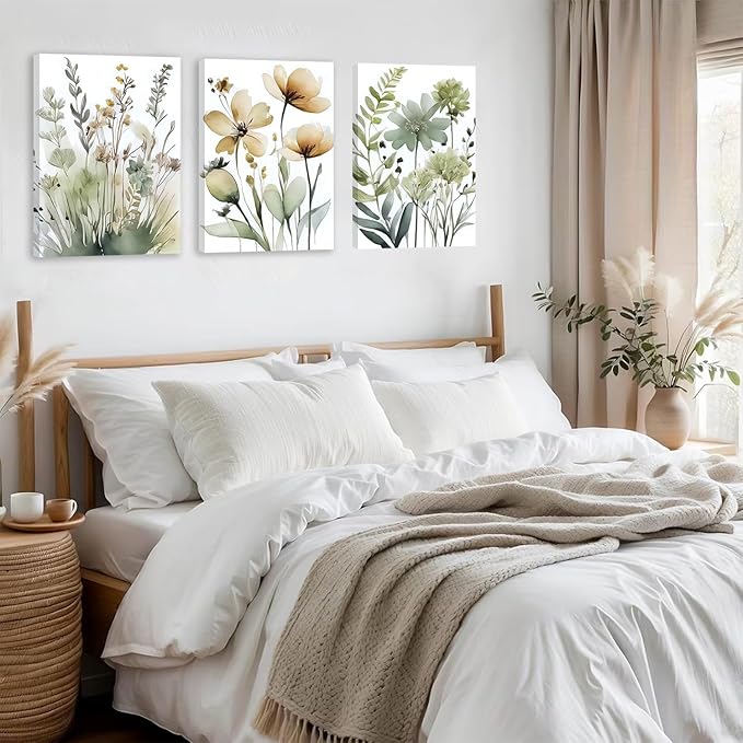 Sage Green Botanical Wall Art Set of 3 Boho Floral Art Wall Decor Minimalist Flower Posters Prints Pictures for Living Room Bedroom Bathroom or Entryway Decoration16x24 Inch Framed