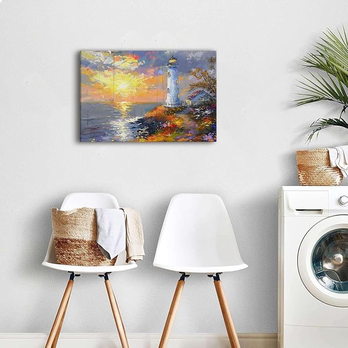Sunset Coastal Wall Art Lighthouse Pictures Abstract Nature Beach Scenery Canvas Prints Ocean Landscape Wall Decor Seascape Poster Painting Artwork for Bedroom Bathroom Home Decorations 16x24"