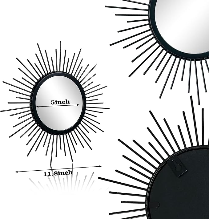 Cityelf 3 Set Black Sunburst Mirrors for Wall Decorative Metal Mirrors Small Mirror Sets Decor Hanging Mirror Wall Sculpture for Bedroom Living Room Entryway