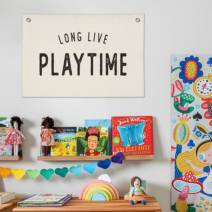 Long Live Playtime Linen Banner Wall Hanging Canvas Flag Decor for Toddler Boy Kids Room Nursery Playroom