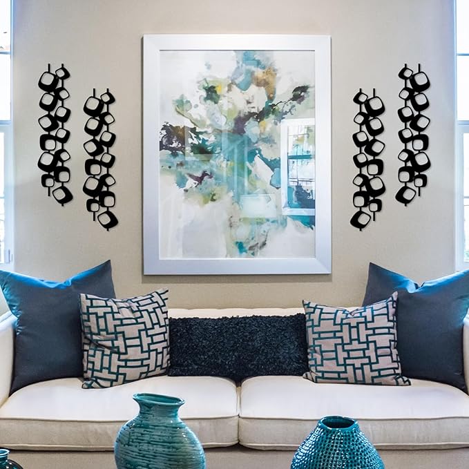 ruelen Mid Century Abstract Metal Wall Art Sculpture - Textured Geometric Decor, Set of 4, 2D Black Vertical and Elegant Design for Living Room, Bedroom, Office, Home (15.7x3.9in)