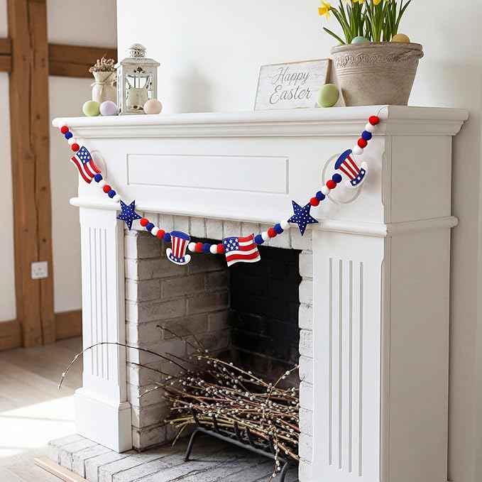 Felt 4th of July Garland 3D Red White Blue Patriotic Pom Ball Banner with Flag & Stars 250th Anniversary Decorative Hanging Bunting for Home Mantel Independence Day Memorial