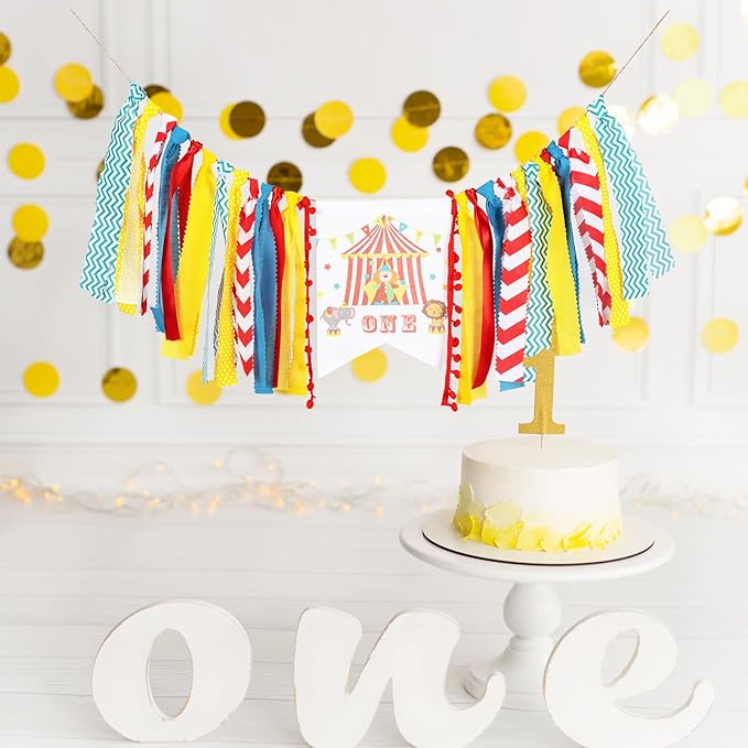 Circus Carnival First Birthday Highchair Banner – Pre-strung Reusable Burlap & Satin Garland for Cake Smash Photos, Boys & Girls 1st Birthday Party Decor