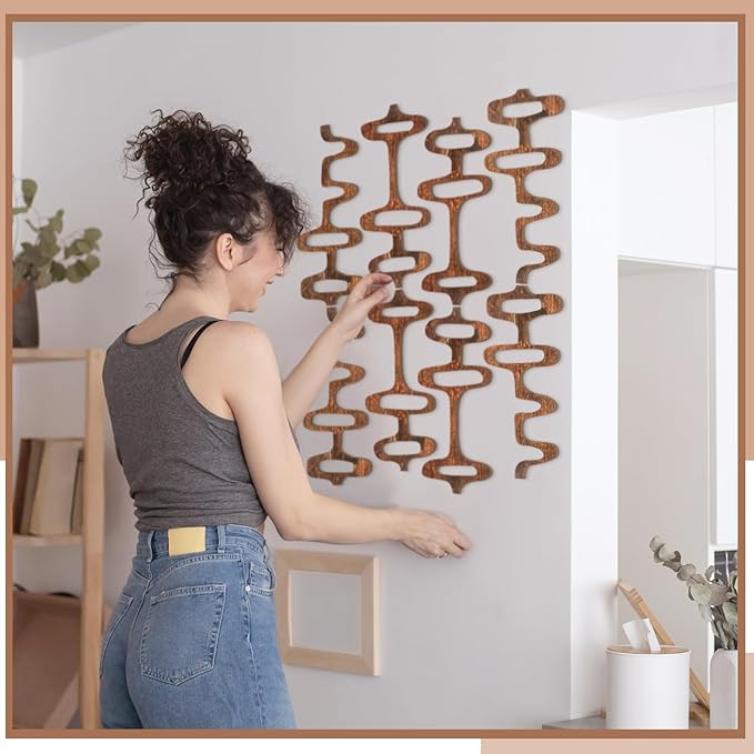 Wenqik 8 Pack Mid Century Modern Wall Decor Wood Midcentury Vintage Retro 3D Large Art Wall Sculpture Elegance Abstract Geometric Panels for Interior Living Room Home Office Bedroom(Brown)