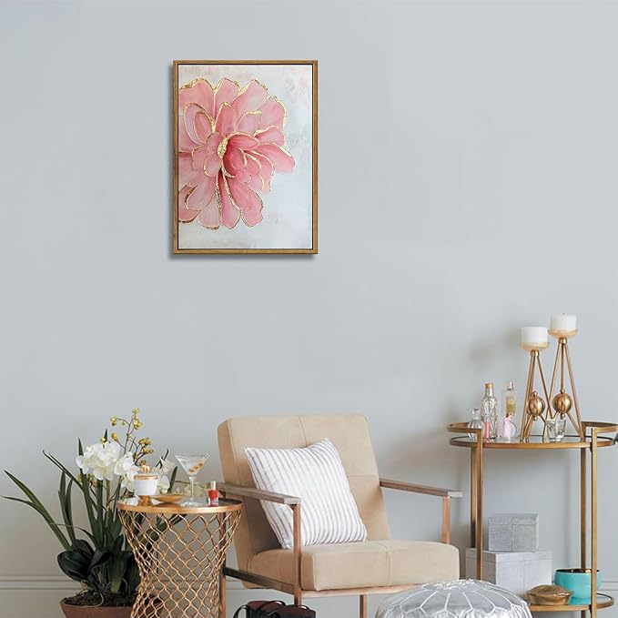 Framed Pink Peony Flower Canvas Wall Art Modern Pink and Gold Floral painting Decor Pictures Abstract flowering Posters Prints for Corridor Living Classroom Bedroom Woman Room Decoration