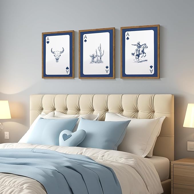 Western Wall Art Set of 3, Blue Cowboy Wall Decor Trendy Southwestern Playing Card Longhorn Bull Skull Poster Canvas Aesthetics Prints for Bedroom Living Room 12x16 inch Wood Framed