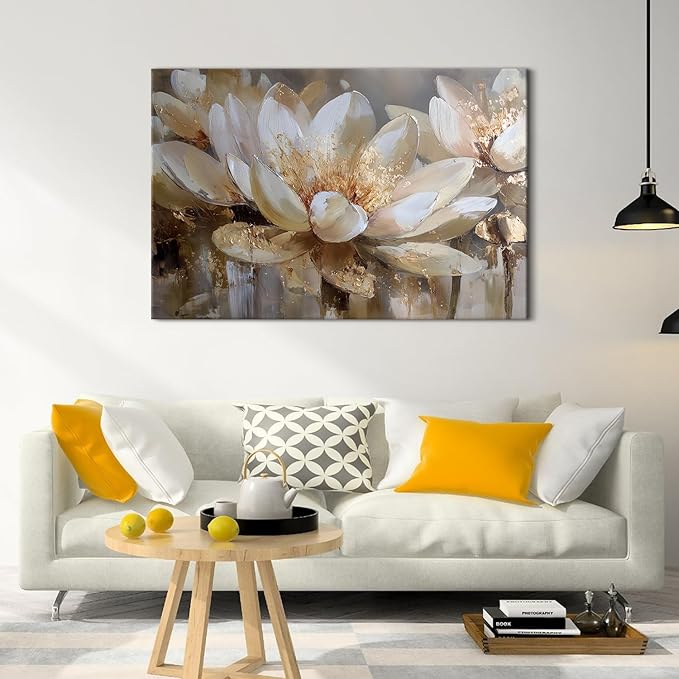 Zen Wall Art Abstract Lotus Wall Decor for Bedroom Spiritual Meditation Paintings Picture White and Gold Flowers Canvas Prints Minimalist Floral Artwork for Living Room Office Decorations 32x48"