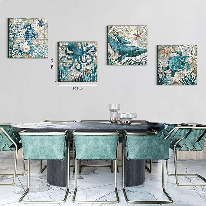 Beach Wall Art Bathroom Decor Rustic Sea Turtle Canvas Prints for Beach House Living Room Teal Coastal Ocean Animal Pictures Bedroom Beach Artwork Nautical Painting Kitchen Home Decoration 20x20" 4