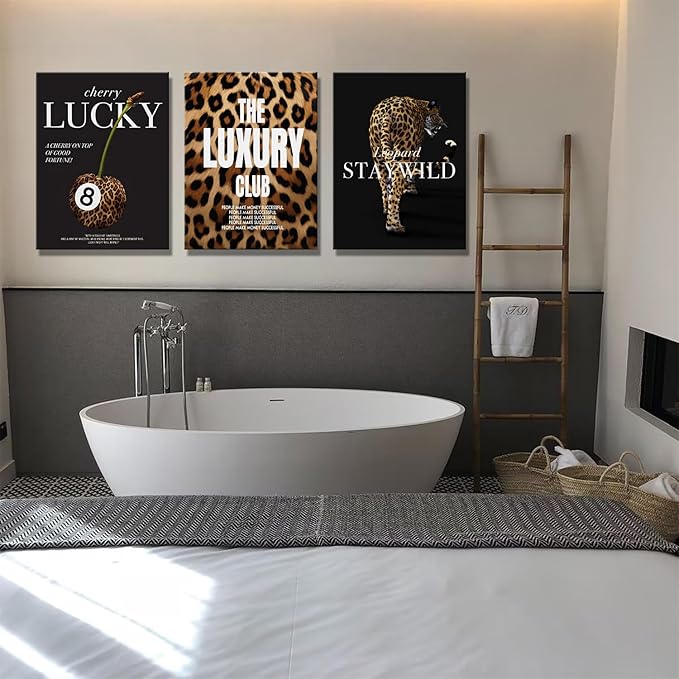 Fashion Leopard Wall Art Set of 3, Trendy Animal Print Canvas Wild Cheetah Inspirational Lucky 8 Ball Painting Wall Decor Artwork for Girls Bedroom Living Room Office Bar Home Decor 24x16 in Framed