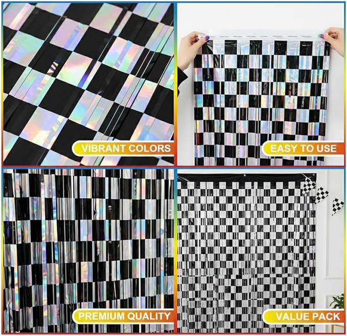 Race Car Birthday Party Streamers Backdrops Decorations, 2 Pcs Checkered Black White Foil Fringe Curtain with Racing Banner Photo Booth Props for Racing Cars One Happy Dude Party Decor Supplies