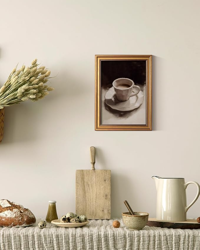 ARPEOTCY Gold Framed Canvas Wall Art, 12x16inch, Coffee Cup Art Prints, Retro Neutral Decor for Coffee bar Kitchen Living Dining Room, Still Life Vintage Shelf Decor,Small