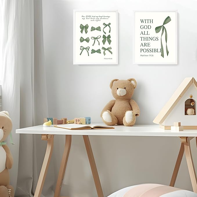 LARTSFRO Coquette Green Bow Wall Art Decor Posters, Olive Green Bow Christian Room Bedroom Bathroom Dorm Wall Art Decor Aesthetic for College Teen Girls Gifts, Inspirational Bible Verses Bow Wall Decor, 10x8 Inch Set of 4 Pcs Bow Pictures (UNFRAMED)