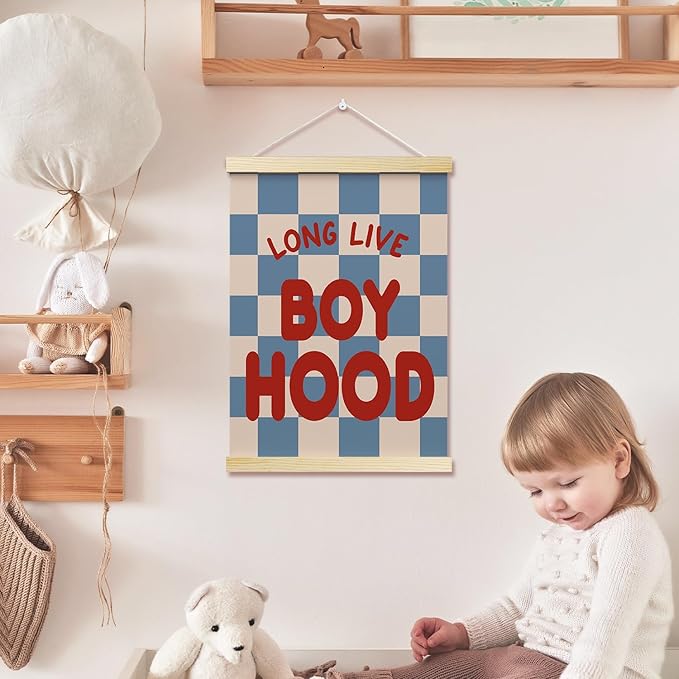 Long Live Boyhood Posters Hanger Frame for Boys Room Checkered Hanging Poster for Bedroom Kids Room Classroom Decor Wall Art Decor for Nursery Playroom Canvas Wall Art Print 16x12 Inches - YY065
