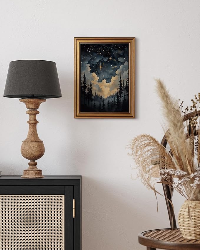 HUARCEY Gold Framed Canvas Wall Art, Celestial Stars Night Picture Decor, Living Room Bedroom Dark Landscape Nature Art, Sky Forest Vintage Canvas Paintings, 12x16inch