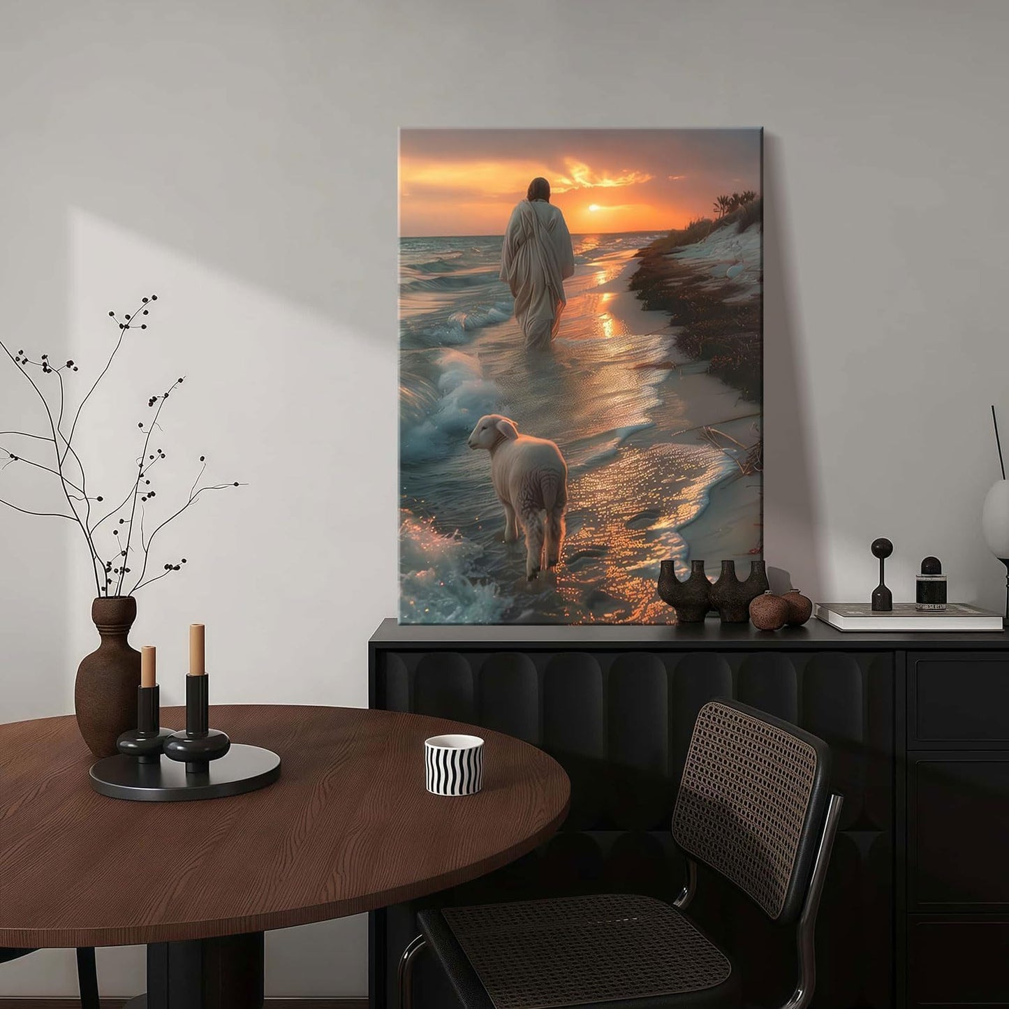 Framed Canvas Jesus and the Lamb Walking on the Beach Wall Decor Wall Art Gallery Decor Unique Print Wall Decor for Living Room Bedroom Church Home Decor 16x24 Inch Ready to Hang