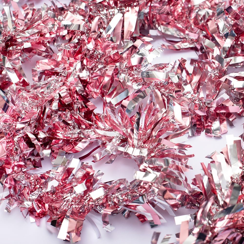 Anderson's Light Pink & Silver Sparkle Glitter Metallic Tinsel Twist for Trailer Or Golf Cart, 4 inches Wide x 25 ft Long, Christmas, Patriotic and Holiday Garland Decor for Parties and Parades