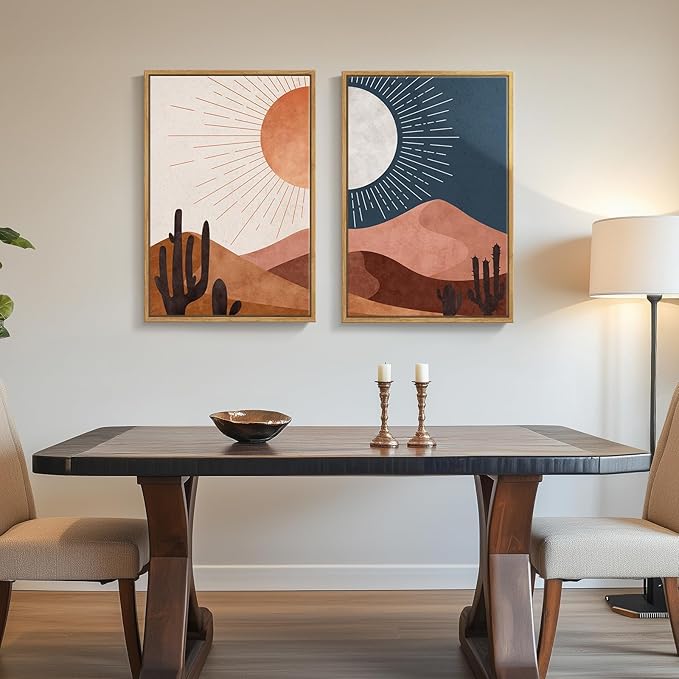 Framed Boho Desert Wall Art for Room Decor, Set of 2 Sun and Moon Cactus Landscape Artwork, Mid Century Modern Bohemian Paintings Prints for Living Room Bedroom Office Hallway Wall Decor, 20x30 Inch