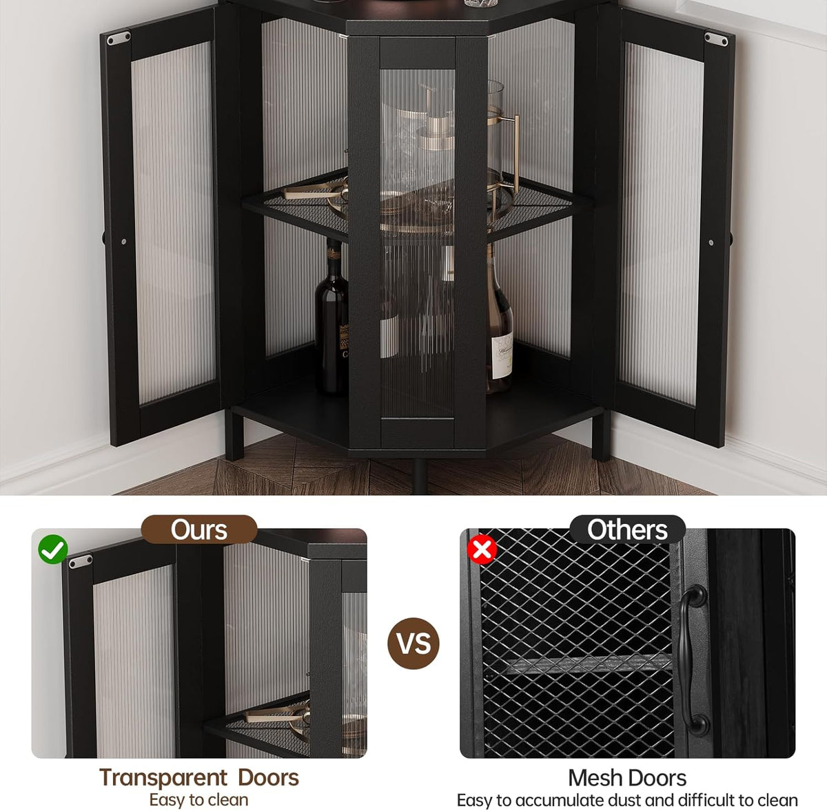 Corner Bar Cabinet with Power Outlet, 5-Tier Corner Wine Cabinet with Led Strip and Glass Holder, Industrial Tall Liquor Cabinet Bar Wine Rack for Home,Black