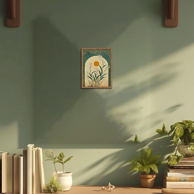 Framed Boho Wall Art, Lily of the Valley Emerald Green Sun Canvas, Mystical Country Botanical Wall Decor, Spiritual Flowers Poster Pictures Print for Bedroom Living Room – 8x10 inch