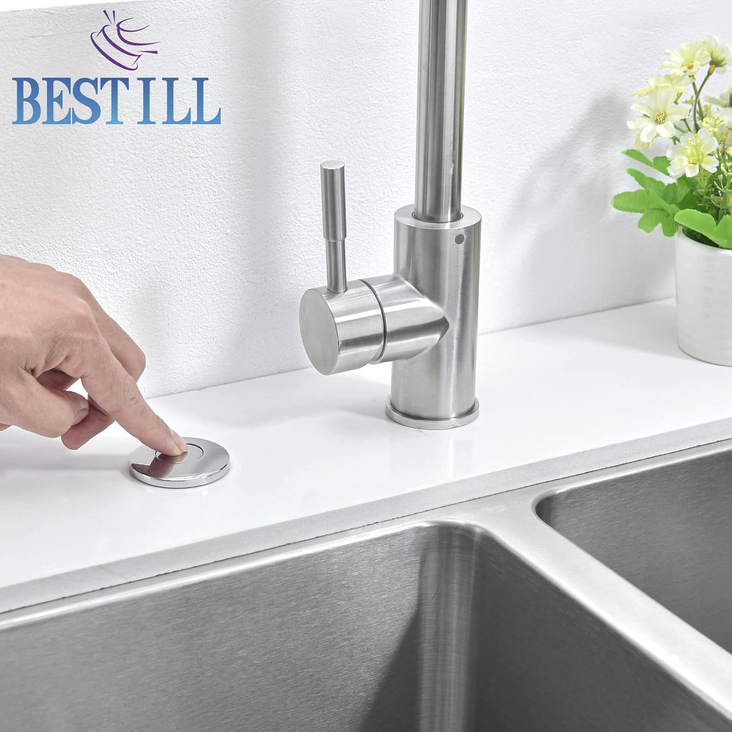 BESTILL Garbage Disposal Air Switch Kit - UL Listed, Brass 3.6" Long Push Button for Waste Disposer, Cordless Sink Top Switch Button, Polished Chrome, Compatible with all Garbage Disposals