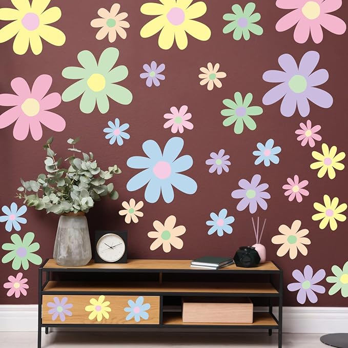 TaoBary 12 Sheet Daisy Wall Sticker Decal Removable Cute Daisy Bedroom Room Decor Flower Wall Sticker Pink White Flower Decal Wallpaper Peel and Stick for Nursery Home(Fresh Color,Attractive Style)