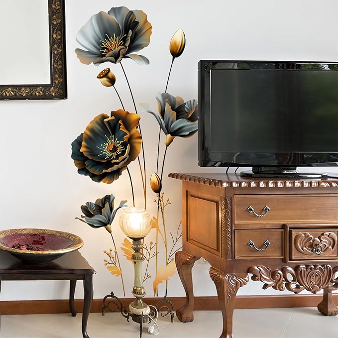 Black Gold Wall Decals 3D Flower Wall Sticker, Classical Plum Blossom Flower Decals Peel and Stick 3D Wall Art Murals for Girls Bedroom Nursery Living Room TV Home Decor