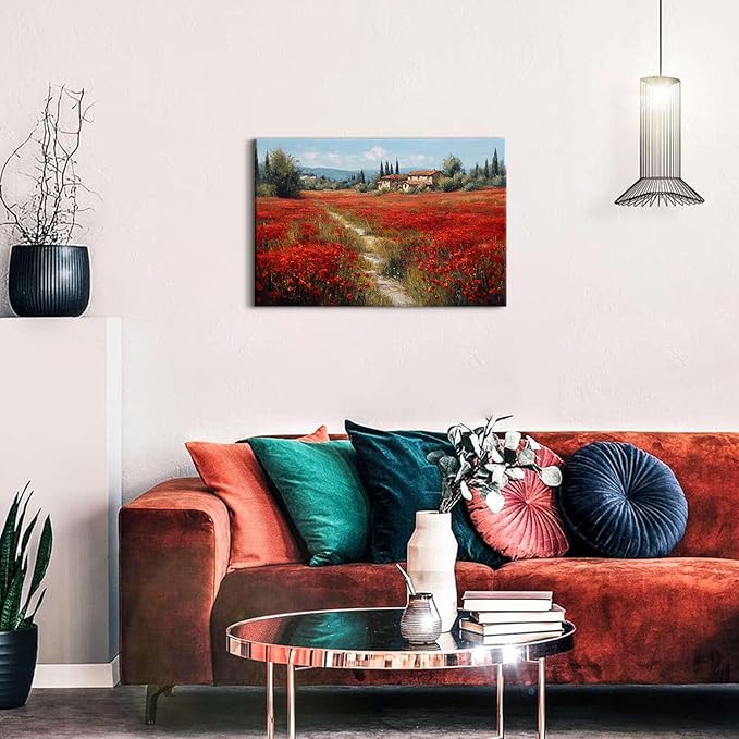 Abstract Red Flowers Wall Art Nature Poppy Landscape Canvas Wall Prints Vintage Floral Field Posters for Bathroom Country Flower Scenic Paintings Artwork for Living Room Bedroom Home Decoration 16x24"
