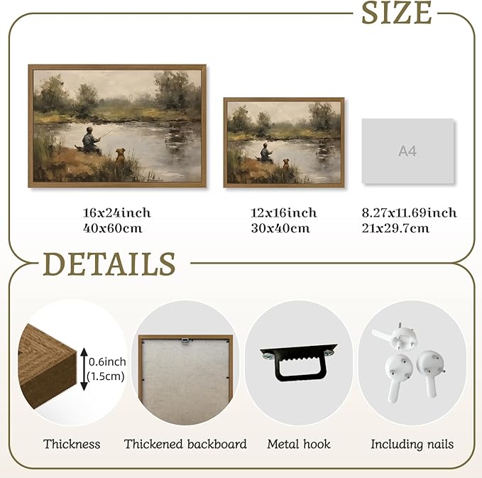 Clicyre Vintage Fishing Wall Art Canvas Print for Boys Room - Rustic Country Farmhouse Landscape, Boy with Dog Lake Pond Scenery, Cabin Lake House Decor for Bedroom Bathroom, Wood Framed 16x24 Inch