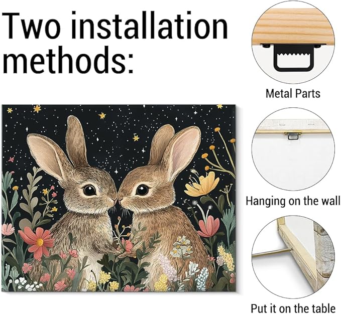 Aesthetic Rabbits Wall Art Decor Dark Witchy Rabbit Moon Celestial Canvas Print Poster Floral Framed Painting for Home Living Bedroom Decor 8x10 Inch